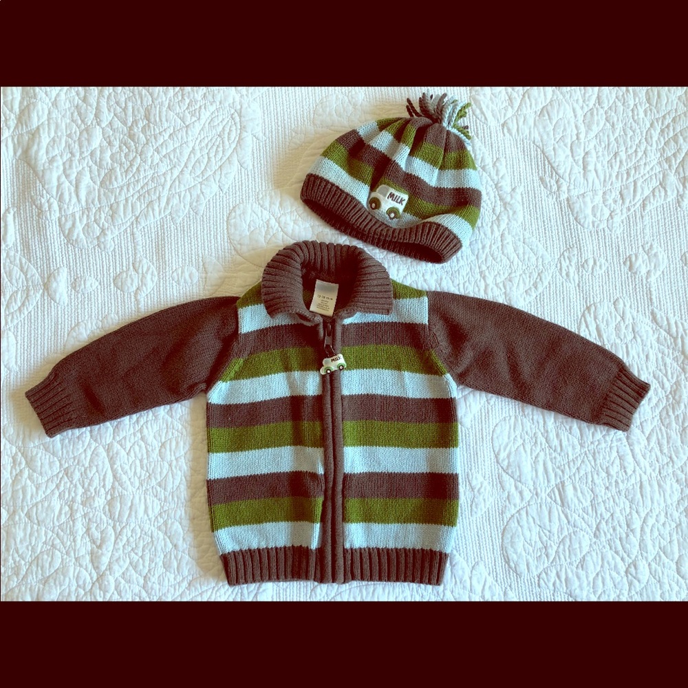 EUC Gymboree 12-18M “Milk” zip up Sweater and Hat